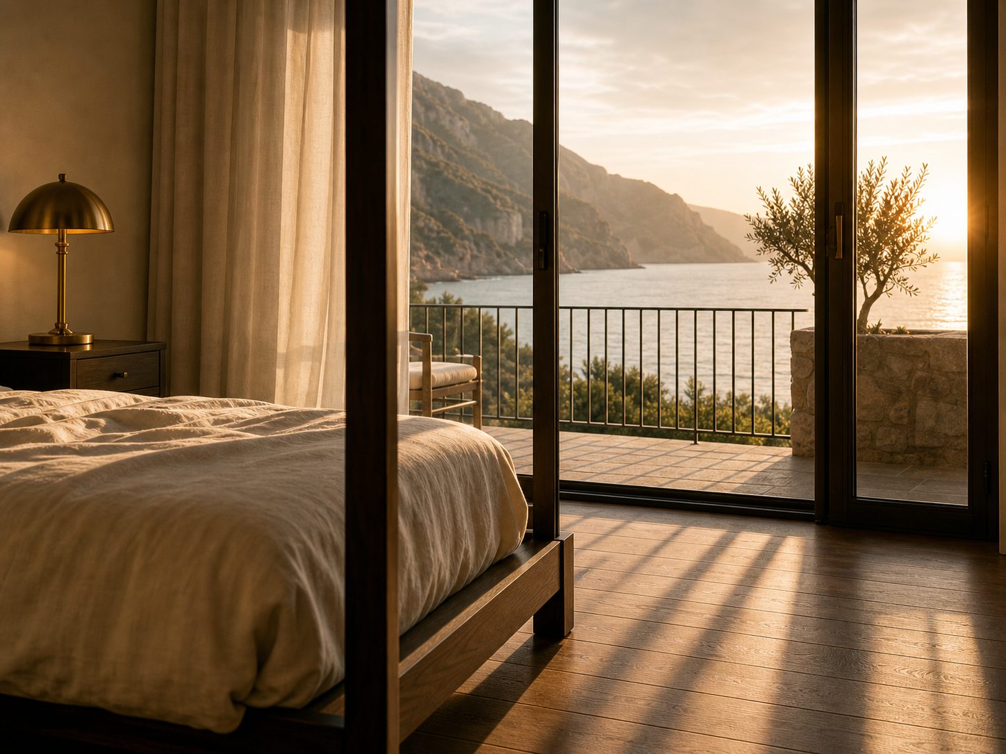Premium-Hotelsuite bei Sonnenuntergang mit Blick auf eine Mittelmeerküste