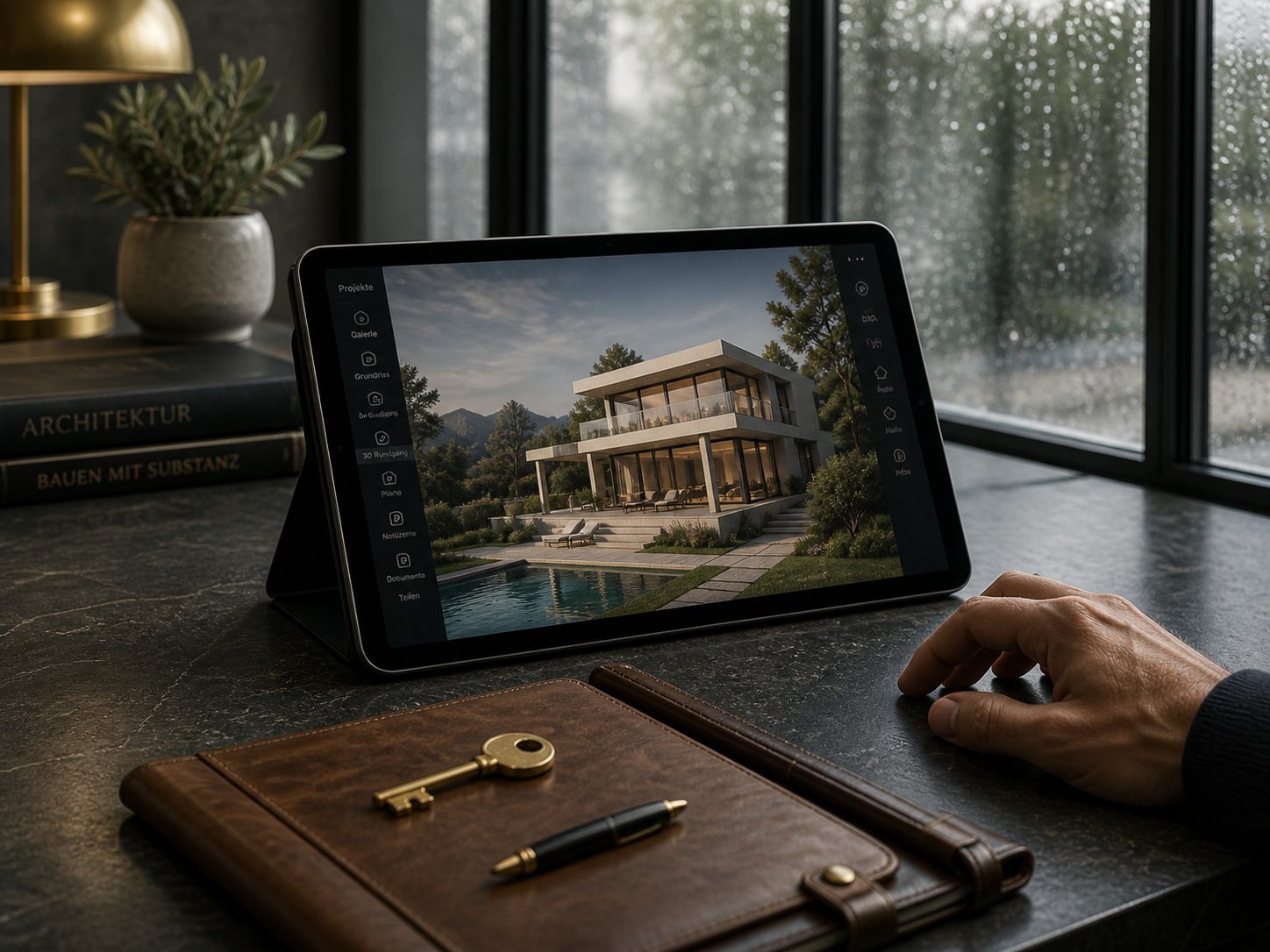 Premium-Maklerbüro mit 3D-Walkthrough auf Tablet, Schlüssel auf Lederportfolio